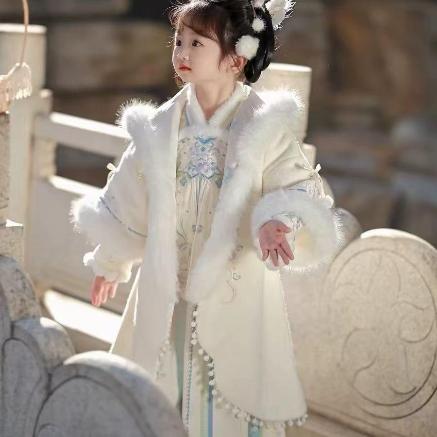 女童汉服加绒加厚中式国风公主襦裙长外套儿童保暖米色斗篷民族风