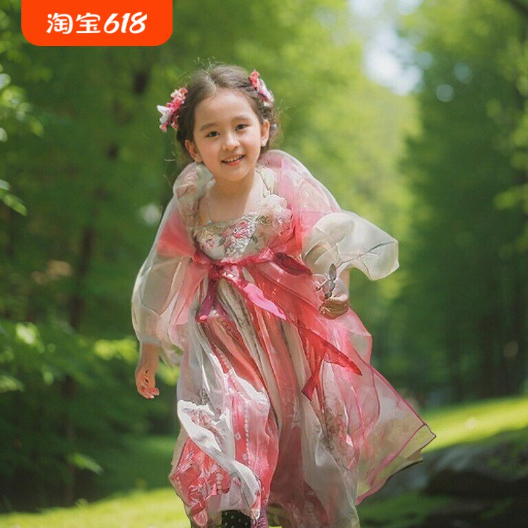 女童汉服古装唐宫美人儿童国风春夏季六一节花晨荷花粉绿齐胸襦裙