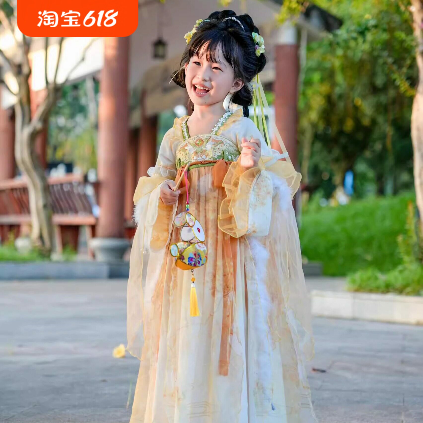 桂花小仙儿童汉服女童襦裙唐代国风高端连衣裙长裙表演服广袖嫦娥