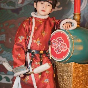儿童汉服男孩小少爷春秋季 加绒高端国风织金红袍帅气骑马唐拜年服