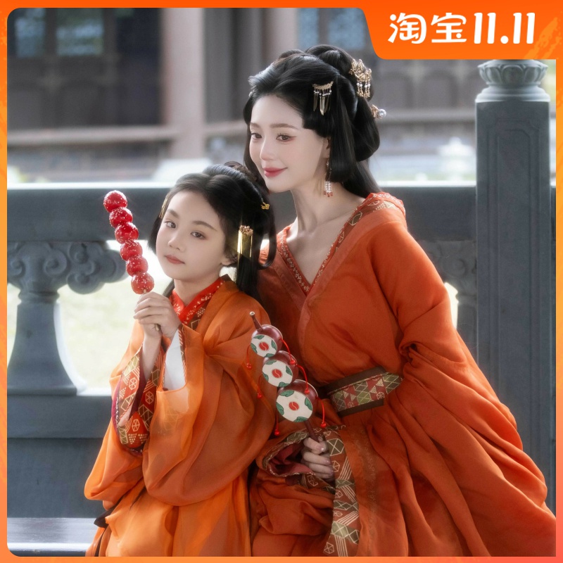 亲子装汉服春秋战国袍橘红连衣裙