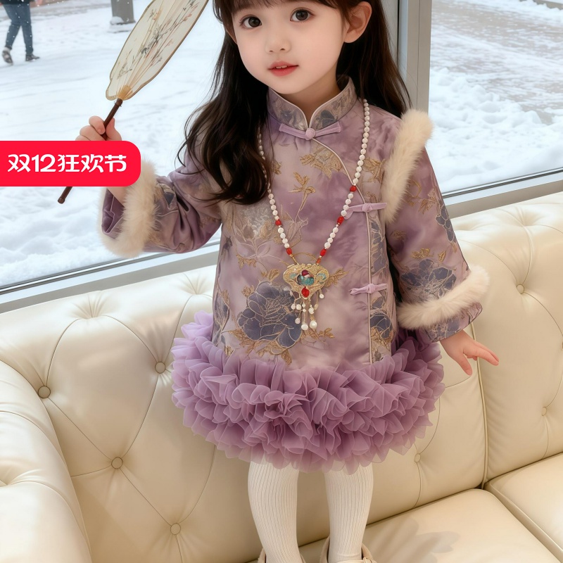 中国风牡丹花刺绣旗袍裙女宝宝冬季加厚网纱蓬蓬裙洋气古风拜年服