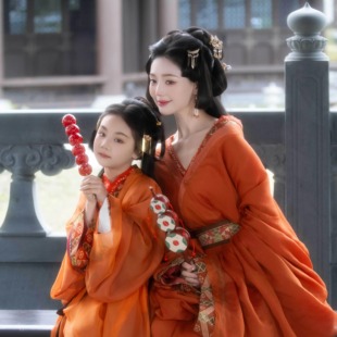 亲子装汉服母女装橘红色儿童魏晋南北朝战国袍春秋高级古装秋冬