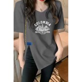 新款 t恤女2023夏季 侧开叉休闲百搭上衣 宽松遮屁股短袖 纯棉中长款