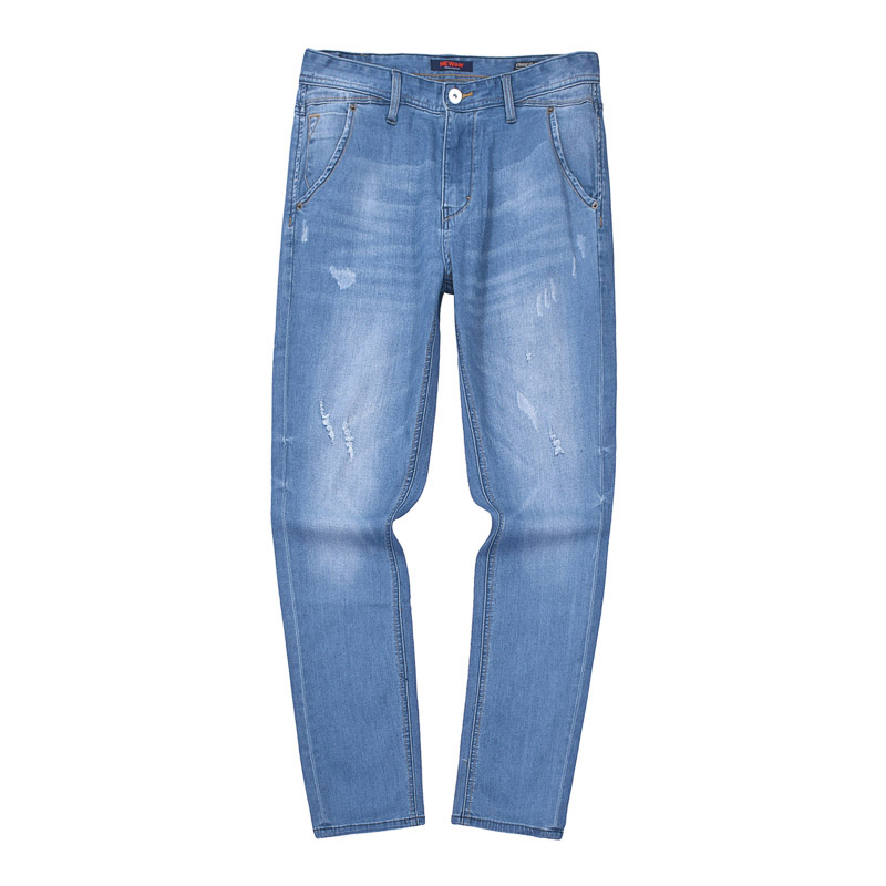 男士春夏薄款合体直筒舒适斜插口袋抓破细节怀旧洗水牛仔长裤