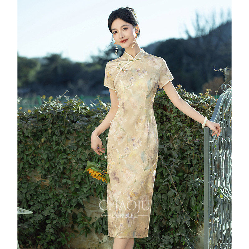 旗袍女新中式黄色夏季高