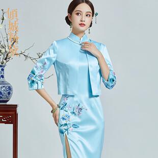 倾城粉黛夏真丝长款高端私人定制手工量身旗袍连衣裙宴会假两件套