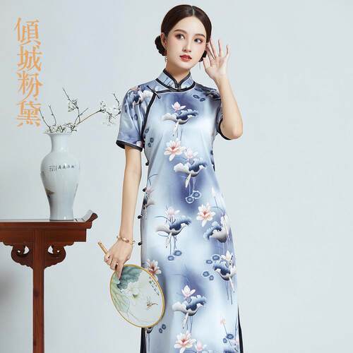 手工盘扣宴会旗袍裙倾城粉黛真丝