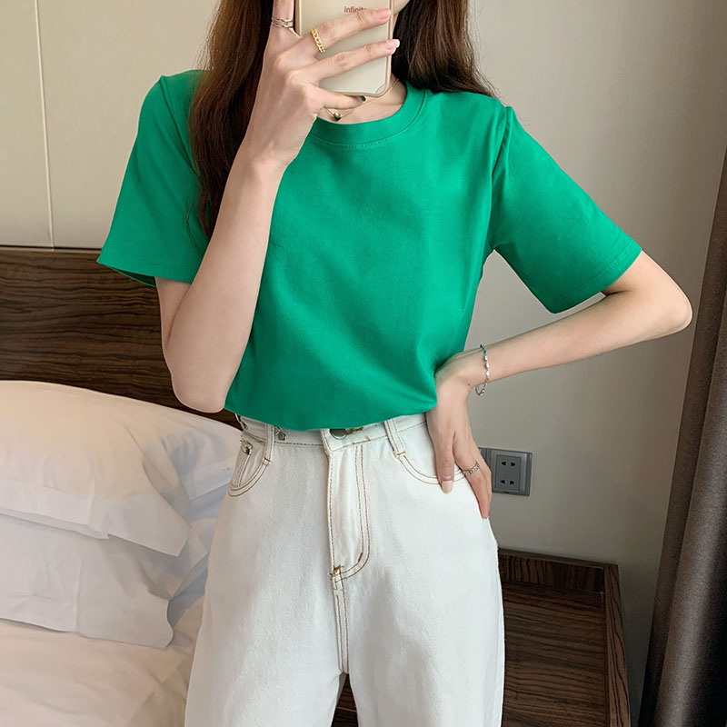 简约芥黄绿粉橘红色短袖圆领棉质T恤女百搭打底衫学生修身上衣夏