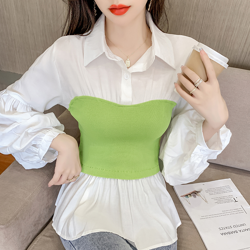 翻领灯笼拼接撞色松紧收腰假两件