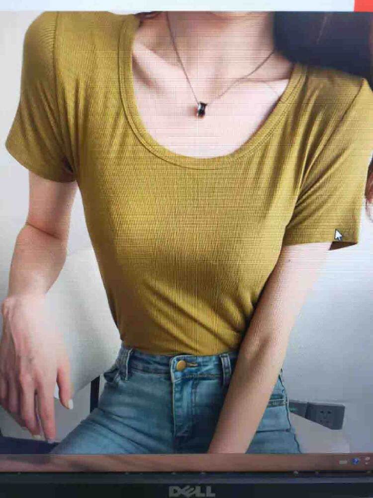 芥末黄绿粉紫梅子粉色U领短袖螺纹面膜T恤女修身显白上衣打底衫夏