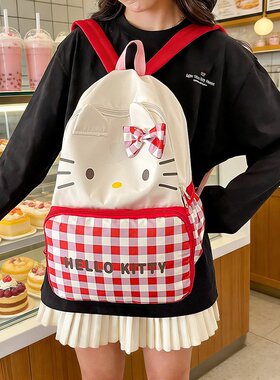 2026新款Hello Kitty红白格纹双肩包 卡通立体耳朵 学生大容量书