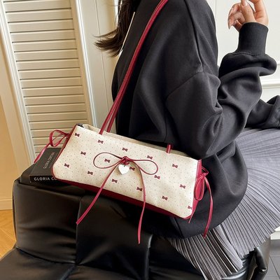 甜美2025蝴蝶结腋下包包新款时尚帆布包波点小众单肩手提包高颜值