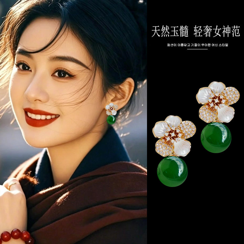 天然玛瑙玉髓花朵耳环轻奢耳钉女