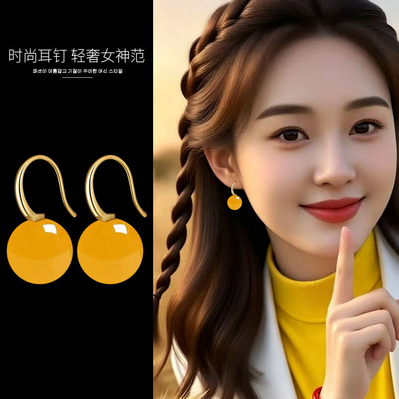 天然黄玛瑙耳饰玉髓耳环纯银耳坠
