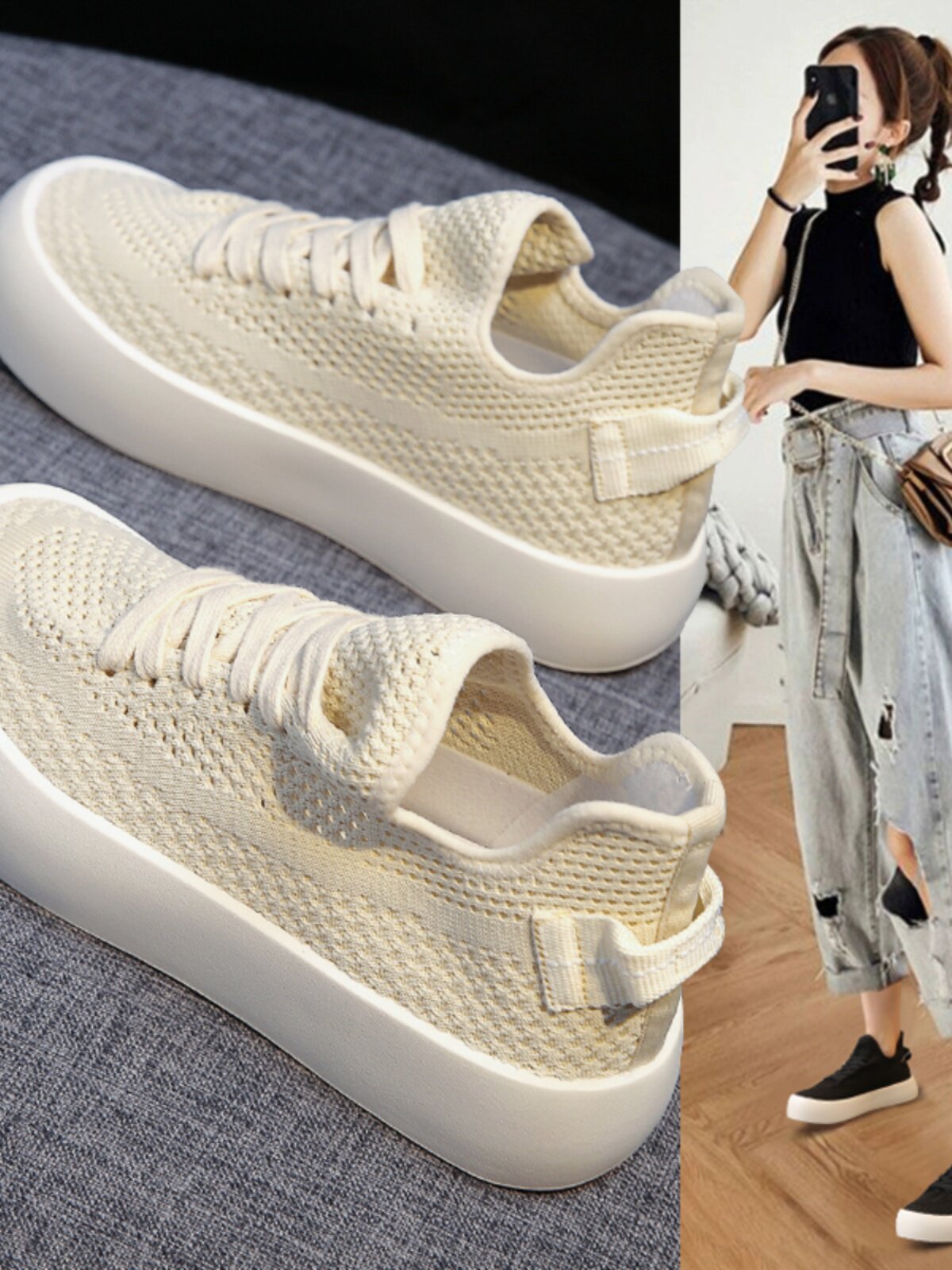 SIMPLE COLORISM  ITS HARD NOT TO LOOK THIN  MESH BREATHABLE FLYING WOVEN SHOES WOMENS SOFT-SOLED LIGHTWEIGHT THICK-SOLED BOARD SHOES SPORTS