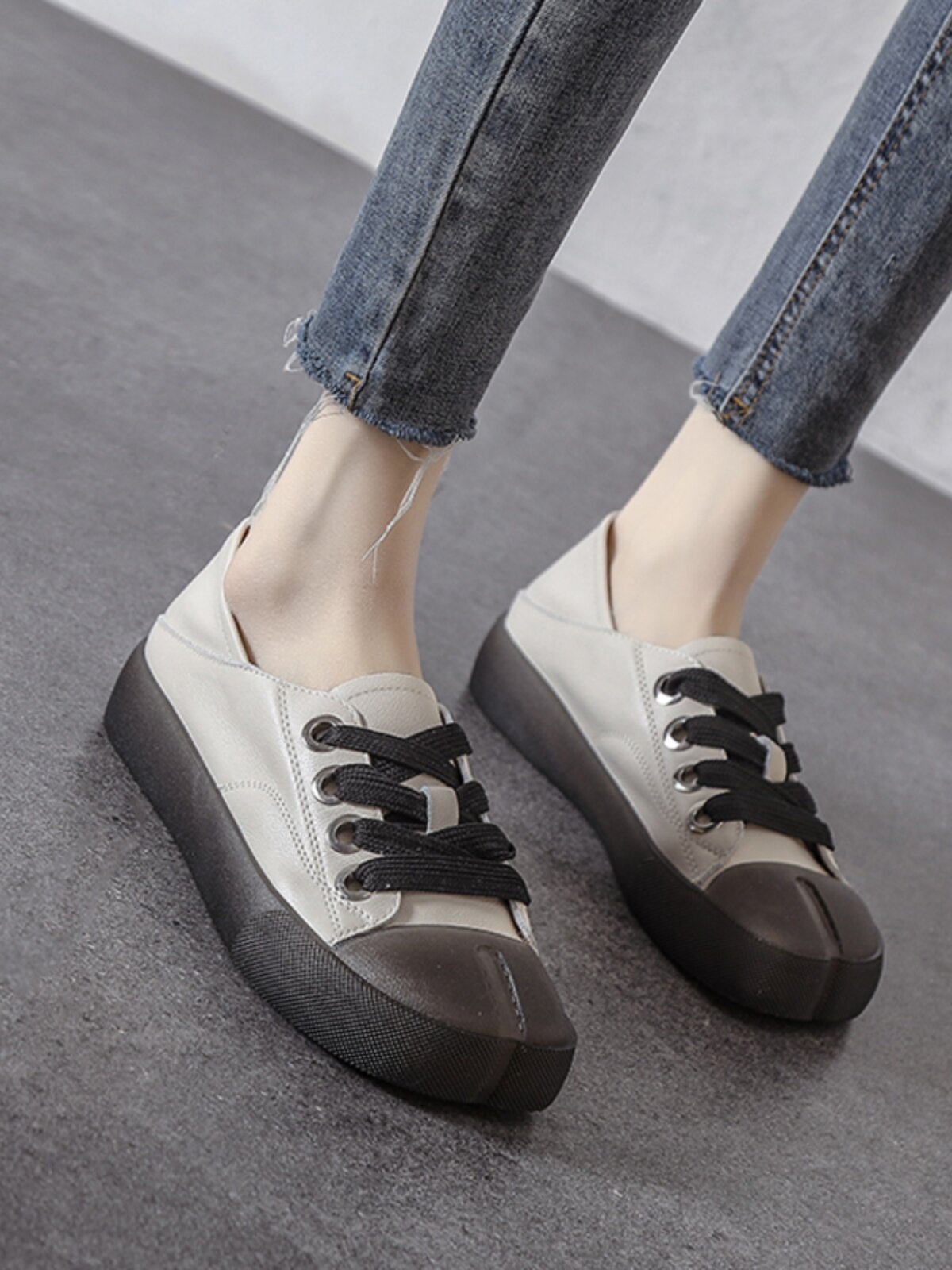 ZASAFRAN NICHE DESIGN  UGLY CUTE LITTLE WHITE SHOES WOMENS TENDON BOTTOM LEATHER FLAT BOTTOM 3CM TWO WEAR SHALLOW MOUTH SHOES