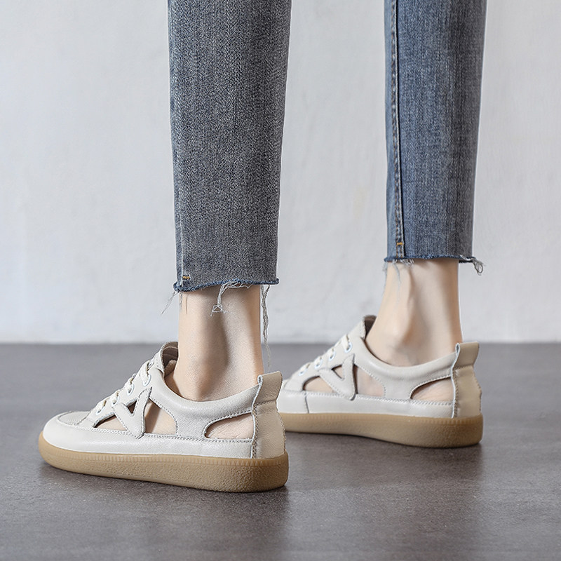ZASAFRAN FASHION IN SUMMER  COWHIDE BAOTOU COW TENDON SOLE SMALL WHITE SANDALS WOMENS THIN HOLLOW MOVEMENT