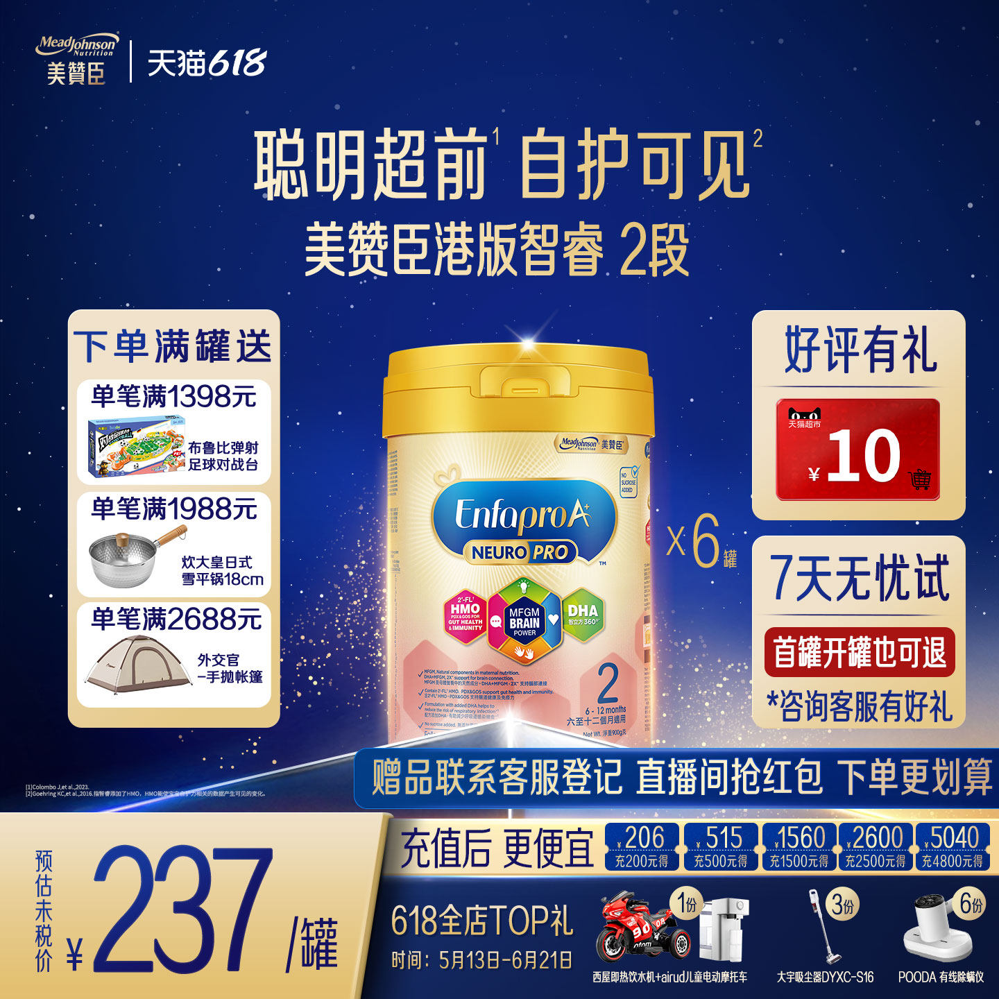 美赞臣港版进口6-12月智睿HMO婴幼儿配方奶粉Neuropro2段900g*6罐