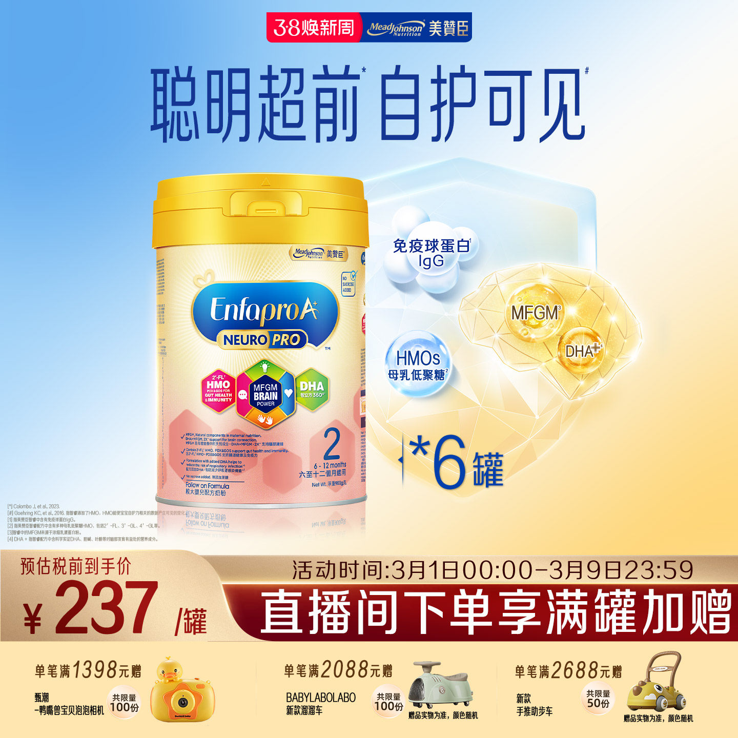 美赞臣港版进口6-12月智睿HMO婴幼儿配方奶粉Neuropro2段900g*6罐