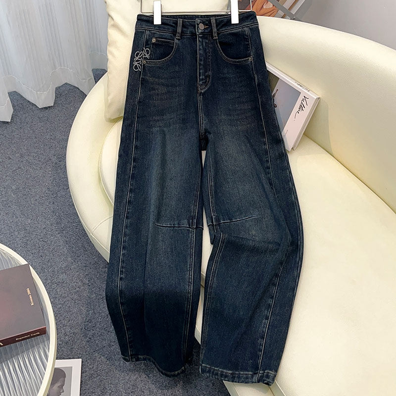 蓝色牛仔阔腿裤女2025新款秋冬款高腰显瘦宽松复古梨型身材直筒裤