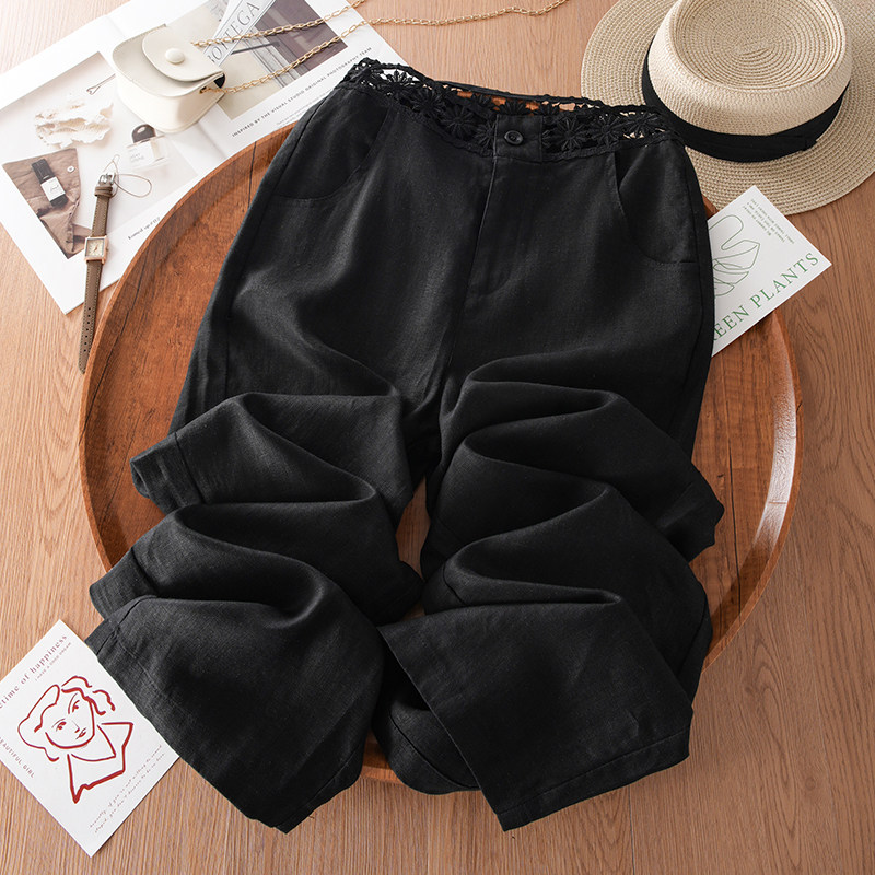 黑色阔腿裤女2025新款夏季薄款高腰显瘦休闲裤宽松蕾丝花边直筒裤