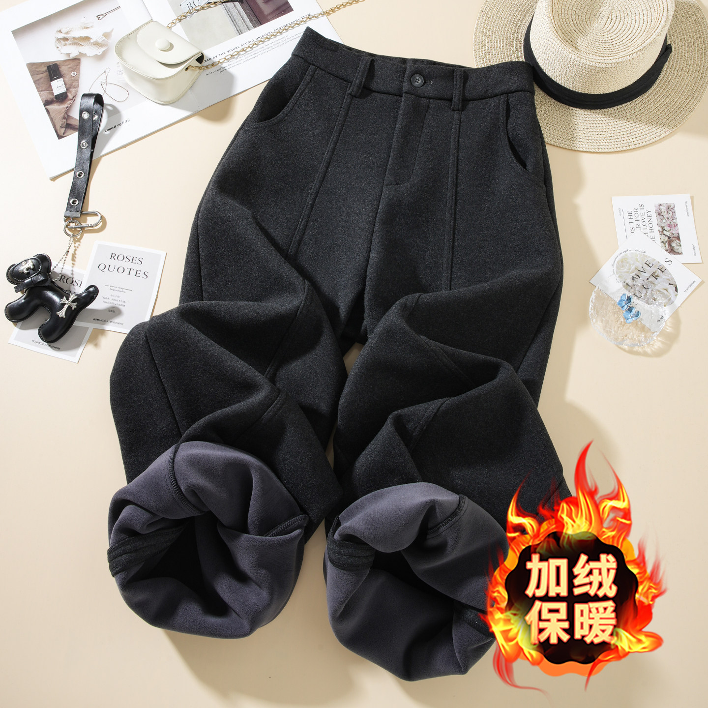 黑色毛呢阔腿裤女2025新款冬季加绒加厚高腰显瘦休闲裤宽松直筒裤