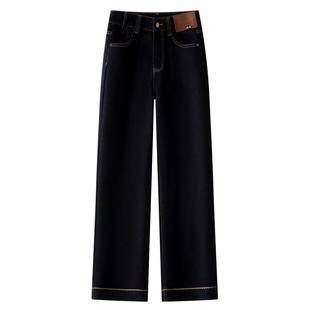 丹宁蓝窄版阔腿牛仔裤女2025新款秋季高腰宽松小个子直筒九分裤子