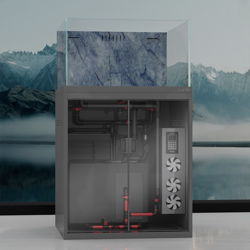 亮彩25款金麟方缸兰寿金鱼缸超白玻璃极窄岩板溢流黑玻底滤鱼缸