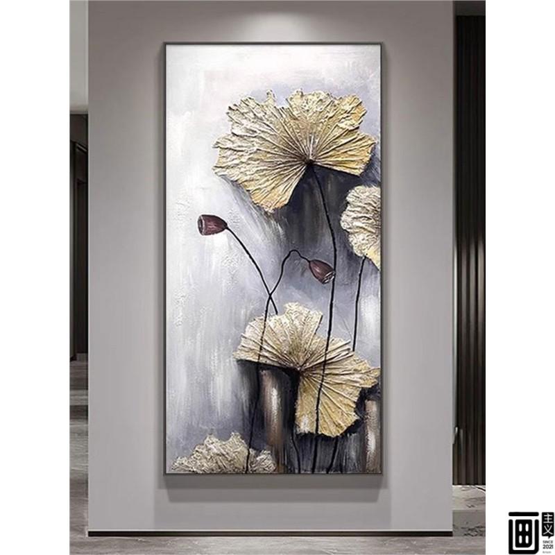 现代玄关装饰画高端艺术客厅走廊过道肌理感大芬村墙壁餐荷花挂画图片