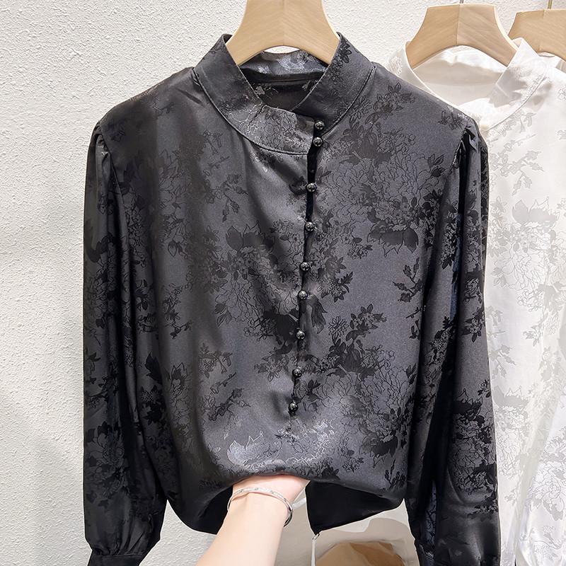 新品清仓捡漏~外贸春秋国风复古立领提花衬衫女长袖缎面新中式上