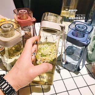 创意方形杯子便携学生随手杯小清新耐热简约耐摔带盖网红水杯透明