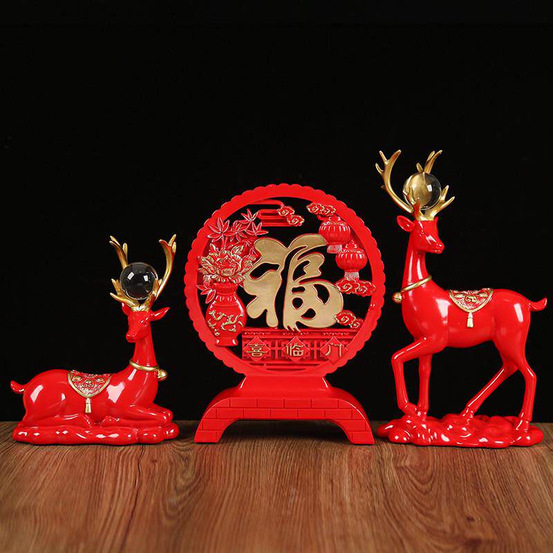 乔迁开业对鹿福字客厅摆件家居三件套玄关电视柜装饰品送礼佳品