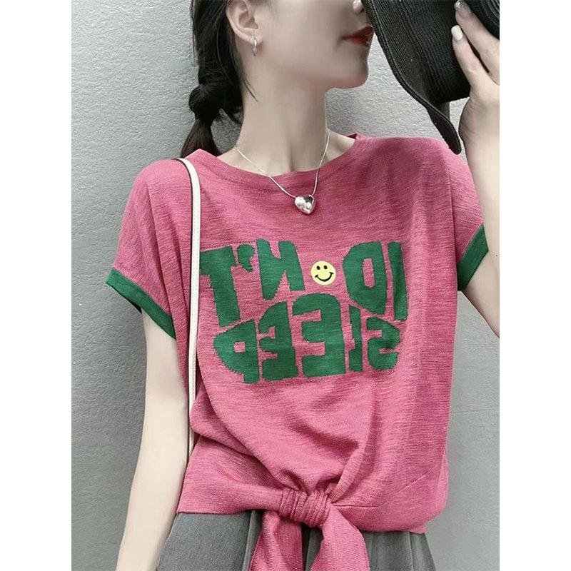 新品2025夏季新款女士针织衫冰丝短袖t恤上衣服爆款女装短款小个
