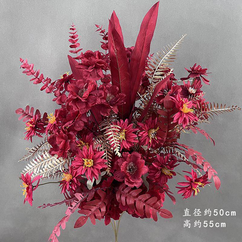 婚庆红色色路引花婚礼花艺花球桔盆花金色桌花背景装饰花中式道具