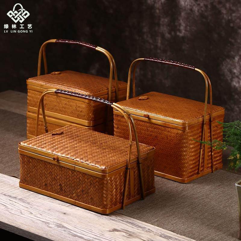 复古竹编双层手提篮大号送饭篮点心食盒中秋月饼茶具收纳礼品包装