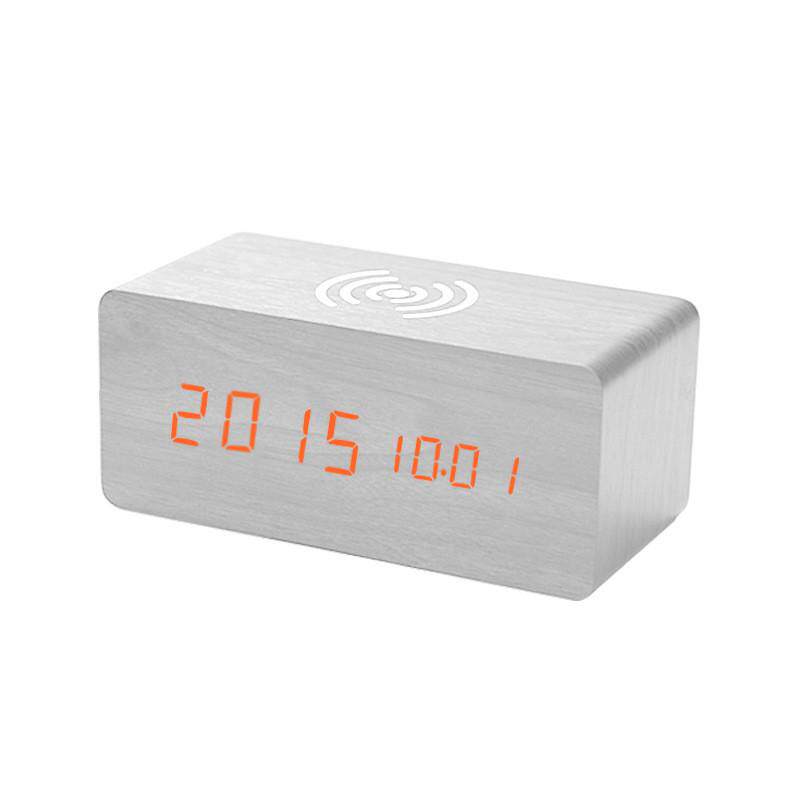 家居木头钟无线充led声控静音电子闹钟智能木头钟无线充数显座钟