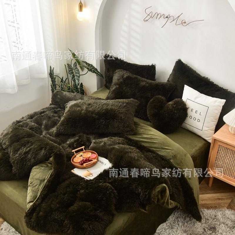 外贸水貂绒四件套水晶长毛绒绒被套双面加厚冬季法兰绒三件套