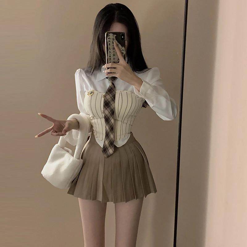 学院风套装jk制服辣妹条纹抹胸衬衫百褶子春装搭配一整套