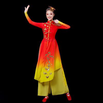 新款现代舞蹈演出服男时尚群舞开场舞打鼓表演服装女舞旗套装红色