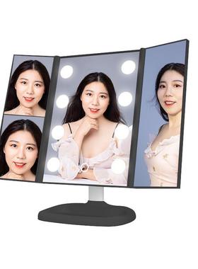 桌面三折化妆镜带高级insled灯发光台式三面梳妆镜折叠美妆镜