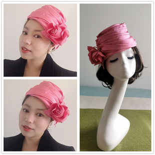 金与火 Vintage孤品美国50年代麦瑟尔夫人风粉色缎面玫瑰古董帽