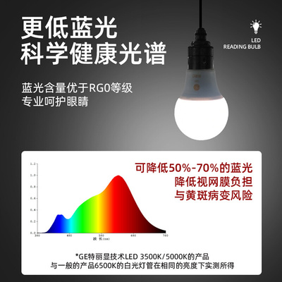 GE通用电气3500K高显色Ra93防蓝光5000K无频闪专业护眼阅读灯泡