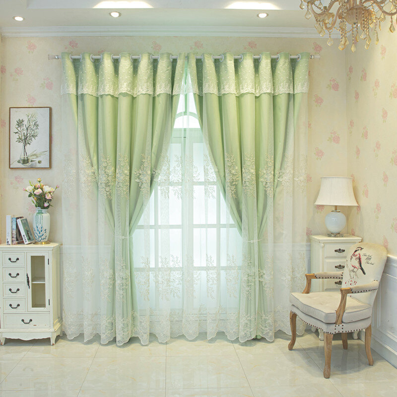 精选定制简约布纱一体蕾丝绣花双层窗帘布料卧室客厅飘窗全遮光成