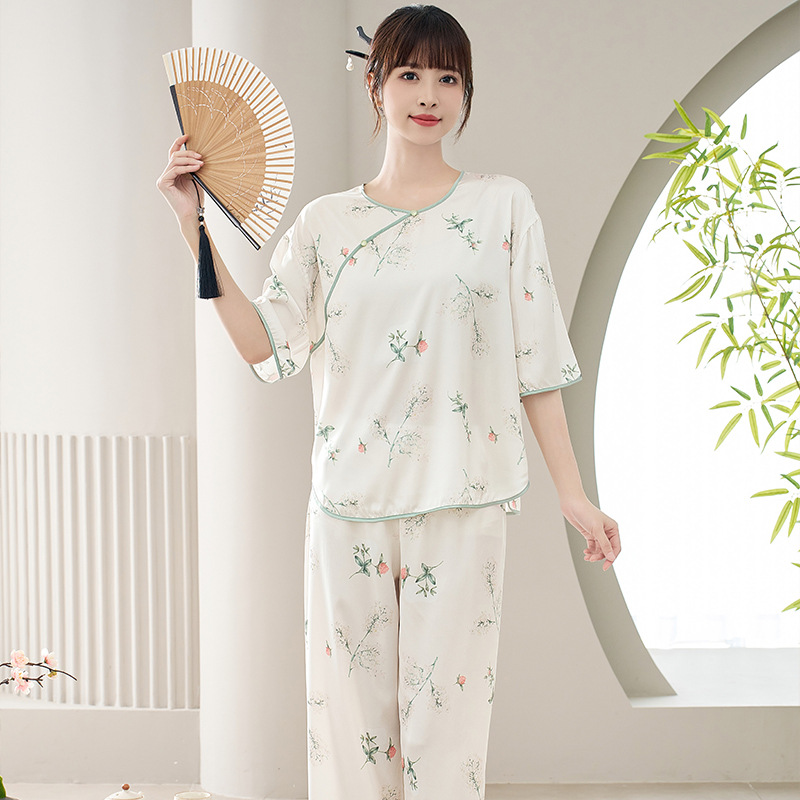夏季冰丝睡衣女士新中式提花
