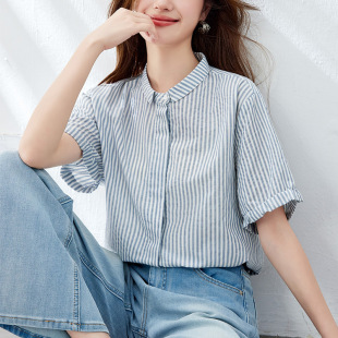 小方领条纹衬衫 2025夏季 棉茧 女短袖 衬衣 新款 上衣宽松休闲女式