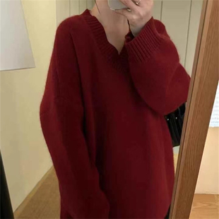 韩系V领高级感浣熊绒针织衫女25冬时尚慵懒宽松亲肤打底外穿毛衣1