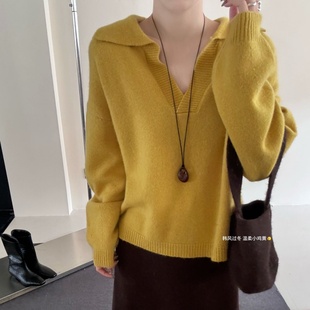 韩版极简风大翻领时髦洋气V领设计感骆驼绒软糯毛衣女一件过冬潮1