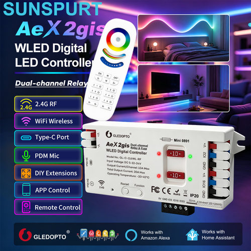 RF2.4G WLED ESP32控制器带麦克风下载口2路Matter CW Thread PWM