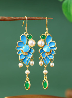 曼蝶珐琅花丝点翠耳环花开富贵仿珍珠宫廷风古装旗袍马面裙配饰